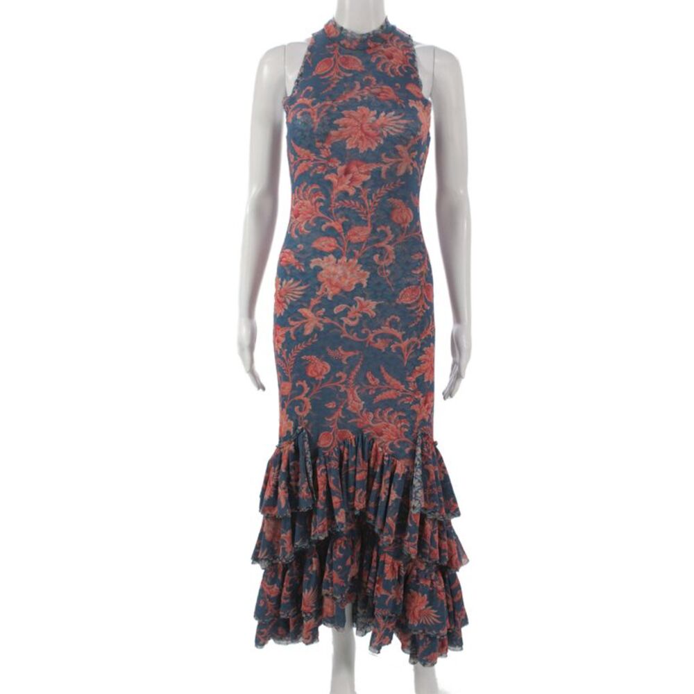 Etro Womens Dark Blue Floral Bodycon Maxi Dress High Neck Size 44